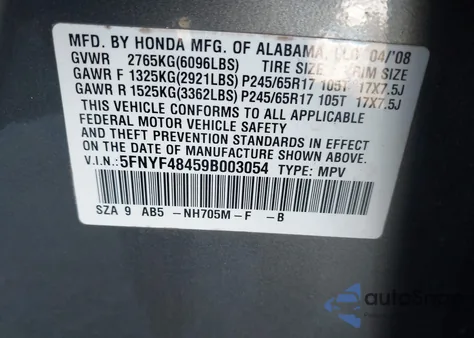 2009 Honda Pilot Ex from USA, damaged, VIN 5FNYF48459B003054